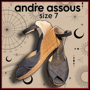 ANDRE ADSOUS black and tan espadrille wedge SANDALS size 7